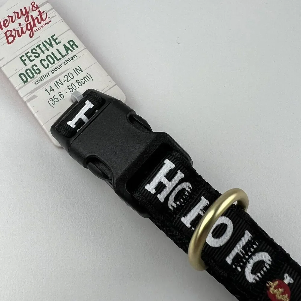 Merry & Bright Adjustable Holiday Themed Dog Collar.  “Ho Ho Ho” Black Size M
